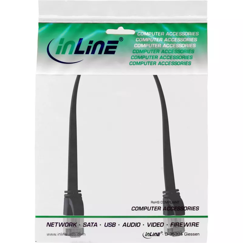 InLine Patch cable flat, U/FTP, Cat.8.1, TPE halogen-free, black, 0.25m