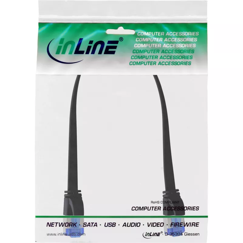 InLine Patch cable flat, U/FTP, Cat.6A, TPE halogen-free, black, 0.25m