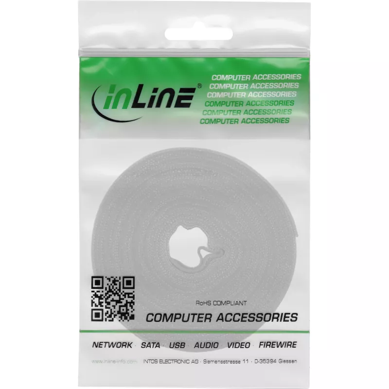 Cable tie Velcro tape InLine 10 m × 16 mm white — reusable hook-and-loop cable strap