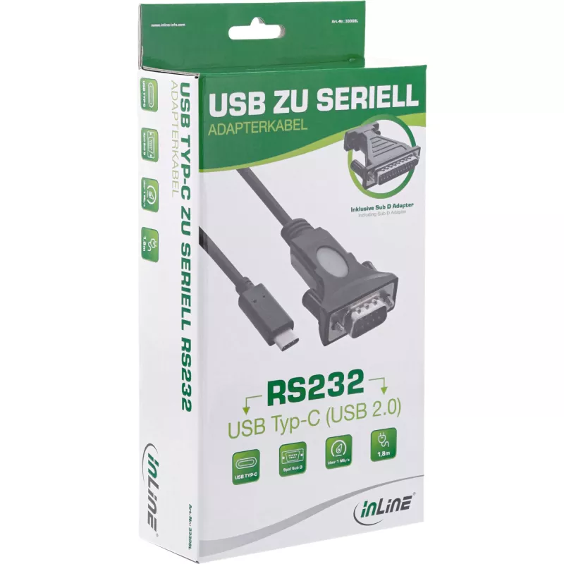 InLine USB-C to serial adapter cable, USB-C male / DB9 male, 1.8m