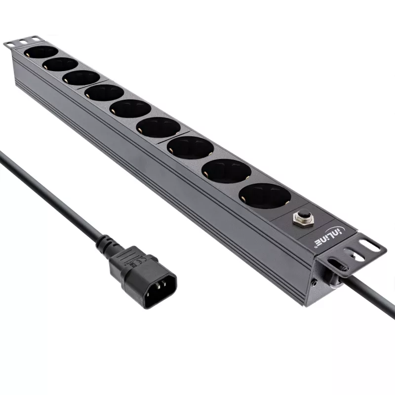 InLine 19 inch socket strip, 9-way CEE7/7, C14 plug, overload protection