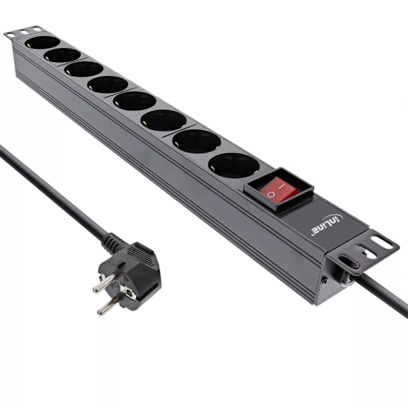 InLine 19 inch Socket strip, 8-way earthing contact, with switch, 2m, black