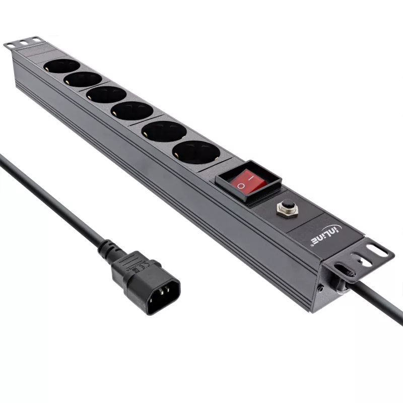 InLine 19 inch Socket strip, 6-way CEE7/7, C14 overload protection, switch, 2m