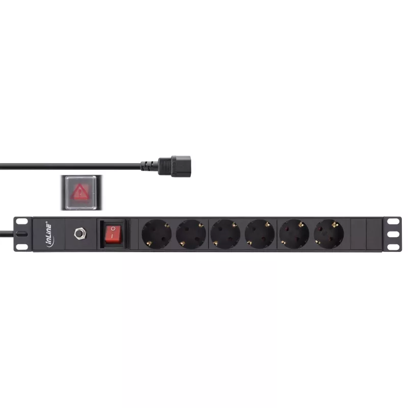 InLine 19 inch Socket strip, 6-way CEE7/7, C14 overload protection, switch, 2m