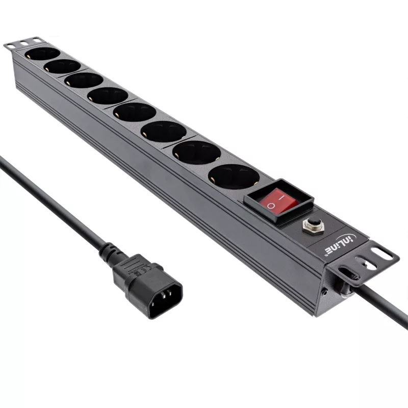InLine 19 inch socket strip, 8-way CEE7/7, C14 plug, overload protection