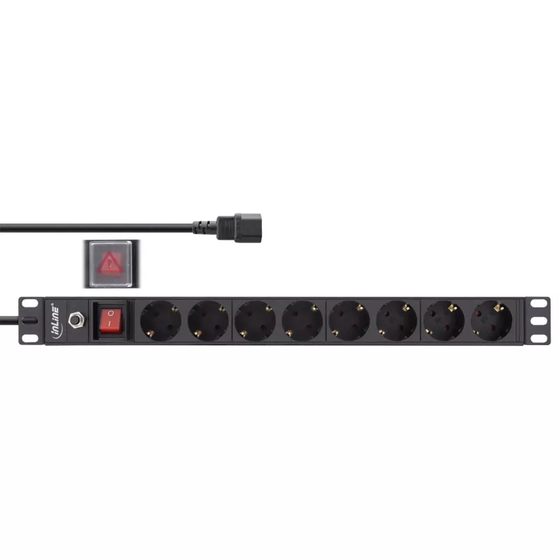 InLine 19 inch socket strip, 8-way CEE7/7, C14 plug, overload protection