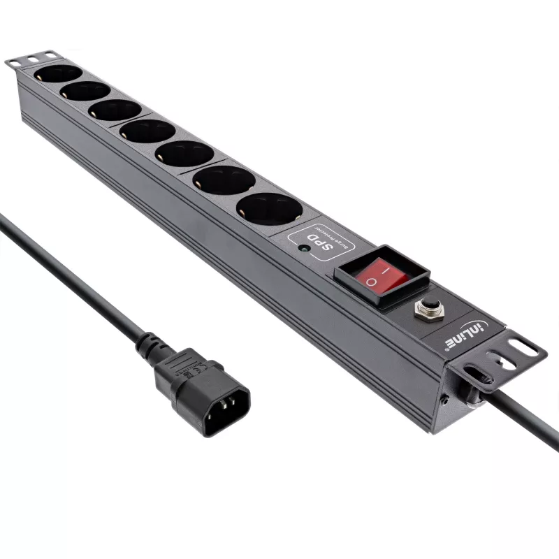 InLine 19 inch socket strip, 7-way, surge and overload protection, switch
