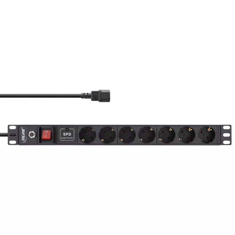 InLine 19 inch socket strip, 7-way, surge and overload protection, switch