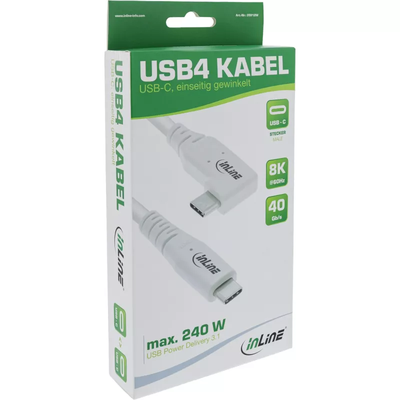 InLine USB4 cable, USB-C, one side angled, PD 240W, 8K60Hz, TPE, white, 0.5m