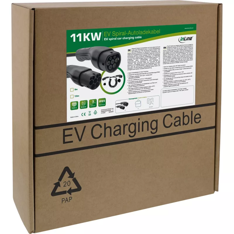 InLine EV spiral car charging cable 11kW Type2, 3-phase, 7.5m