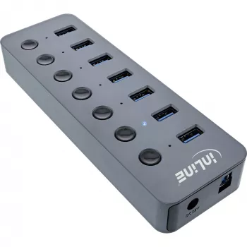 InLine USB 3.2 Gen.1 hub, 7-port, with switch, aluminium, grey, with PSU