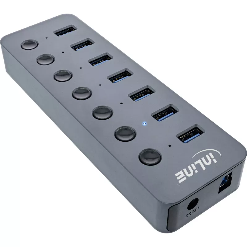 InLine USB 3.2 Gen.1 hub, 7-port, with switch, aluminium, grey, with PSU
