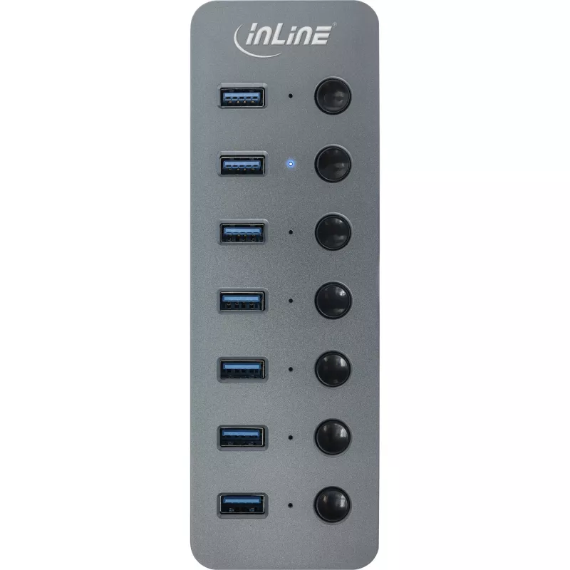 InLine USB 3.2 Gen.1 hub, 7-port, with switch, aluminium, grey, with PSU
