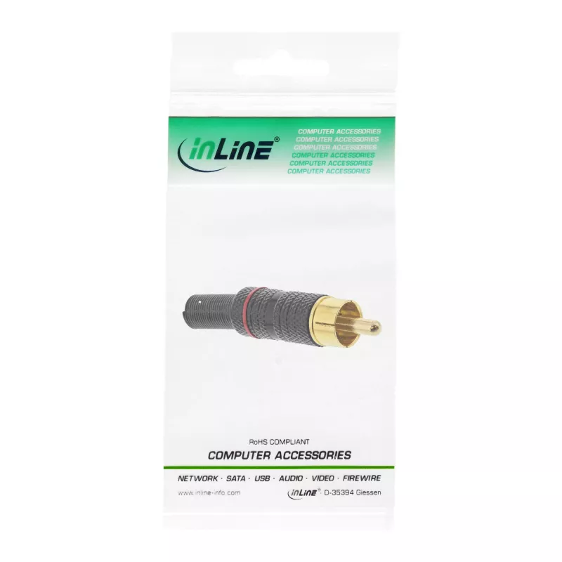 InLine RCA metal male plug for soldering, black, red ring, for 6mm cable