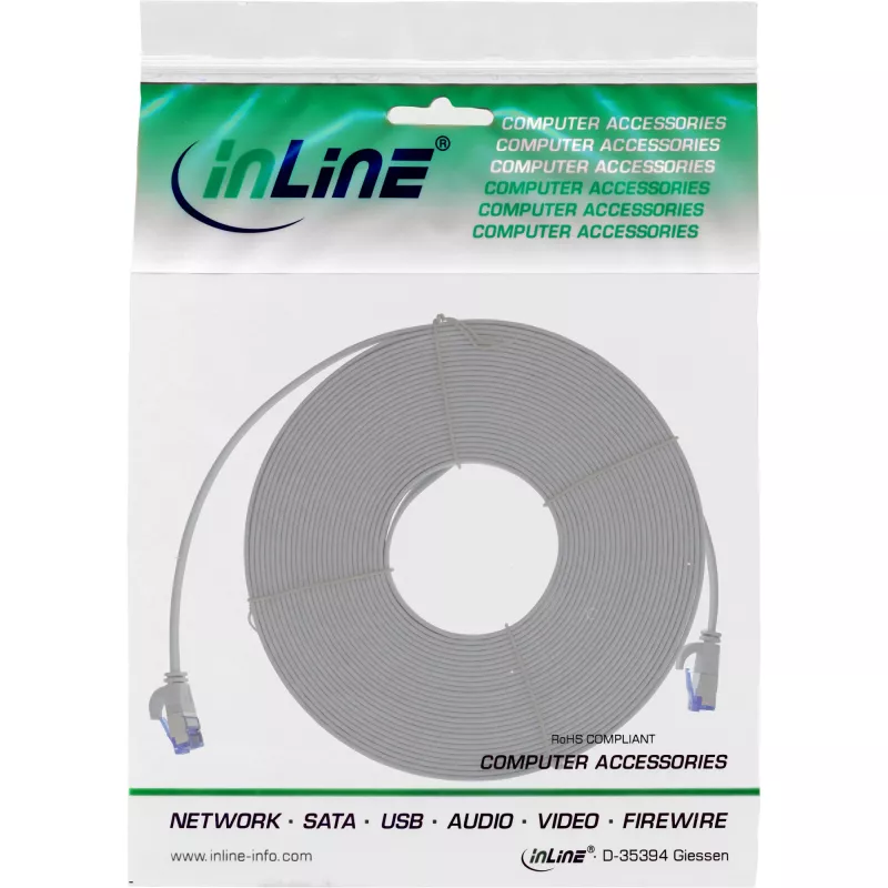 InLine Patch cable flat, U/FTP, Cat.6A, TPE halogen-free, grey, 20m