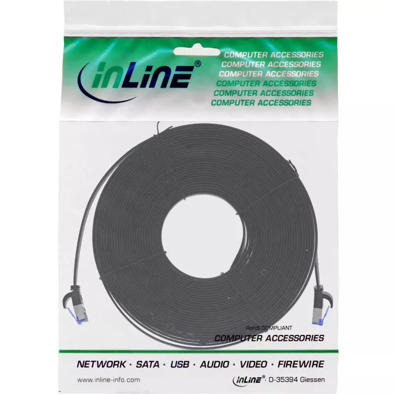 InLine Patch cable flat, U/FTP, Cat.6A, TPE halogen-free, black, 10m
