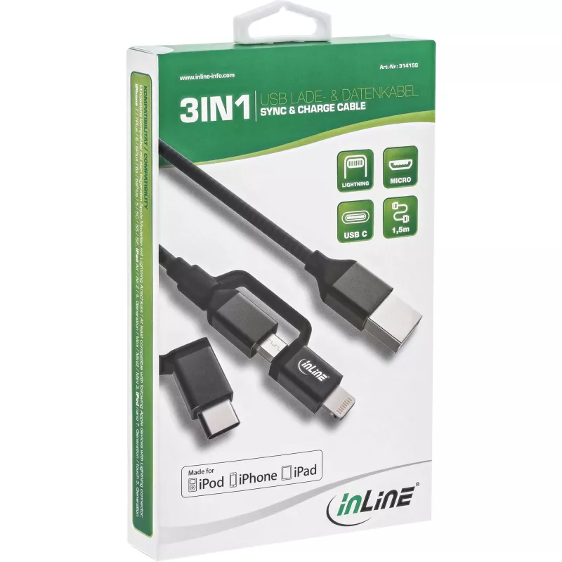 InLine 3-in-1 USB Cable, USB-A M to Micro-USB+USB-C+Lightning, black/aluminium