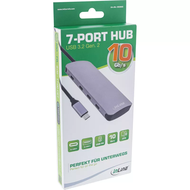 InLine USB 3.2 Gen.2 Hub, 4x USB-C + 3x USB-A, PD 100W, aluminium, grey