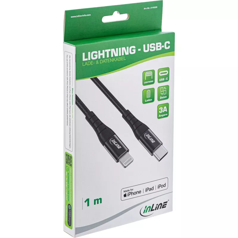 InLine USB-C Lightning cable, for iPad, iPhone, iPod, black/aluminium, 2m MFi