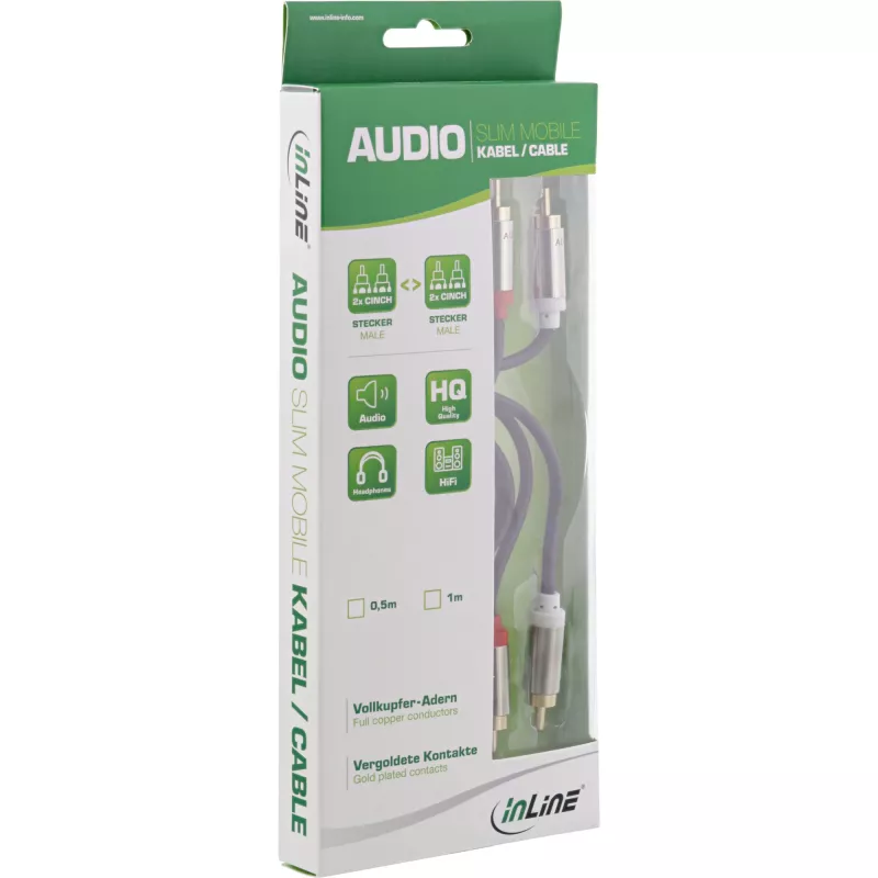InLine Slim Audio cable 2x RCA M/M, Stereo, 0.5m, 2 x RCA, Male, 2 x RCA + USB, Male, 0.5 m, Black