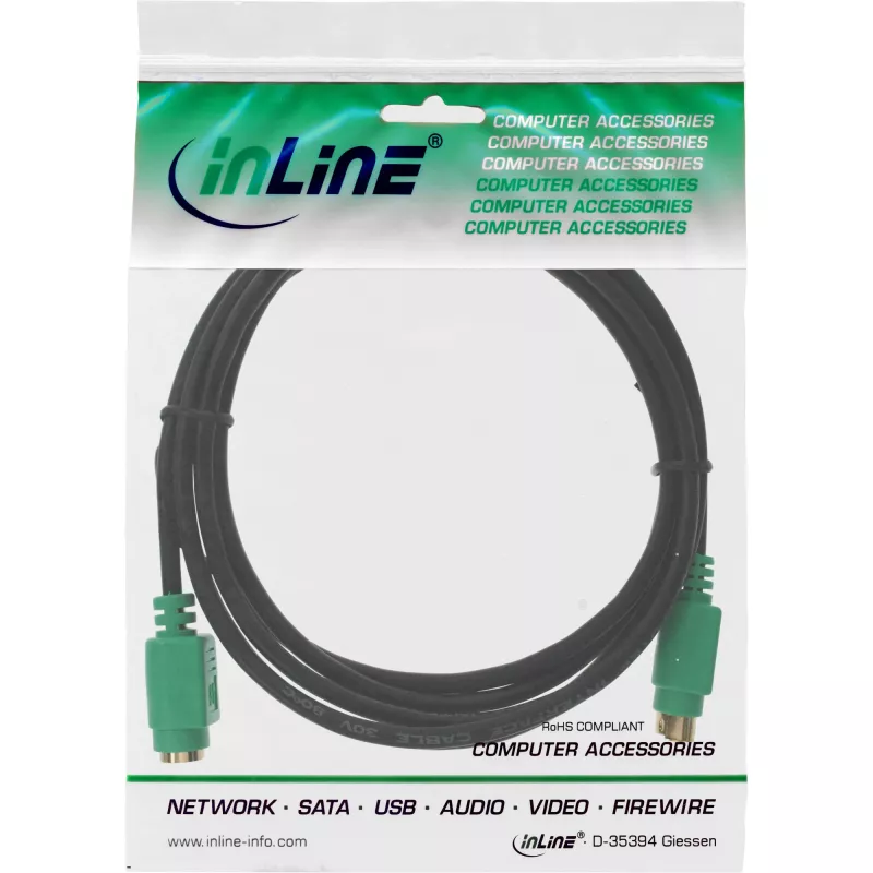 InLine PS/2 cable,, M/F, black/green, golden contacts, 2m, Black, 2 m, PS/2, PS/2, Male, Female