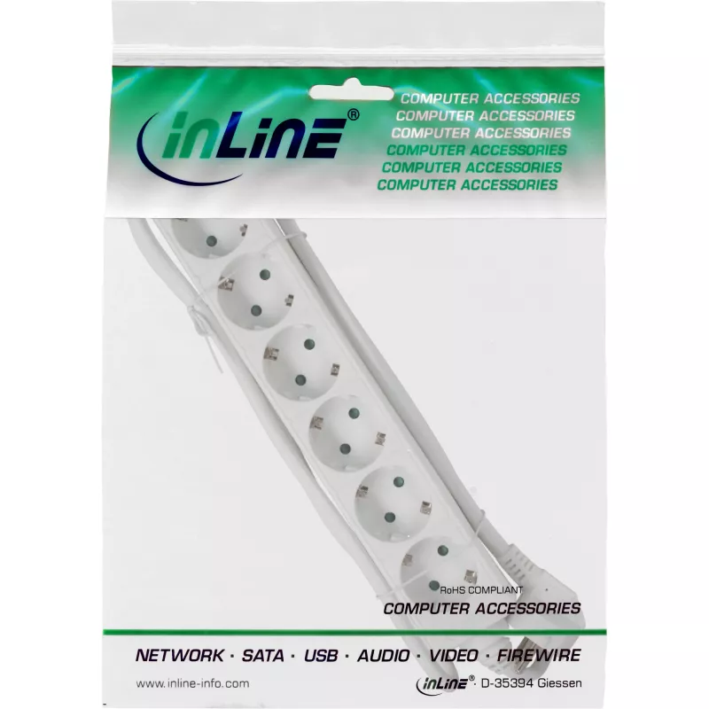 InLine Socket strip, 6-way earth contact CEE 7/3, white, 1.5m