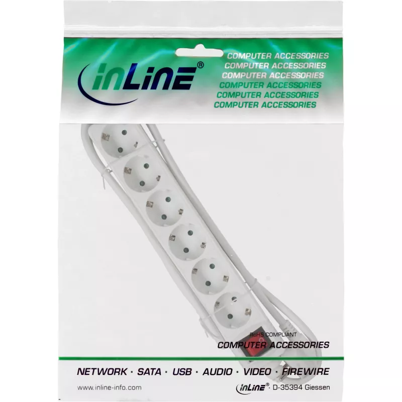InLine Socket strip, 6-way earth contact CEE 7/3, white, 3m