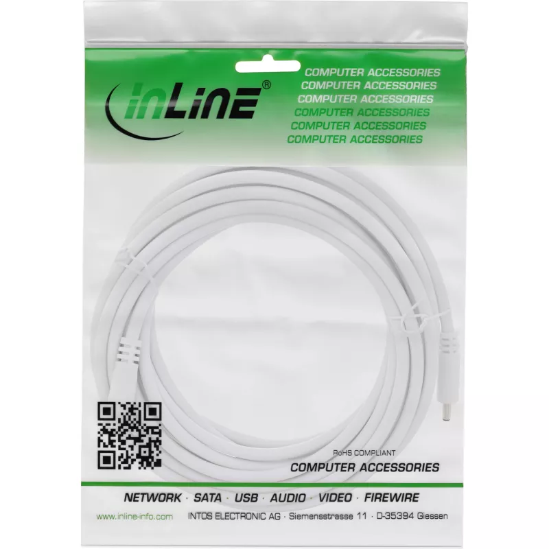InLine DC extension cable, DC male/female 3.5x1.35mm, AWG 18, white 5m