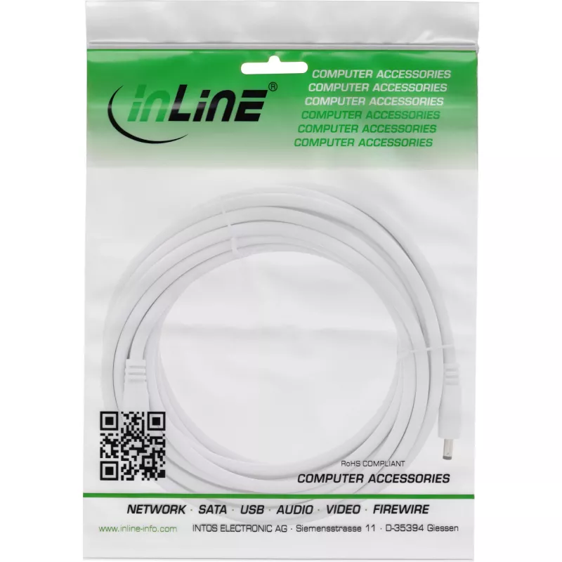 InLine DC extension cable, DC male/female 4.0x1.7mm, AWG 18, white 5m