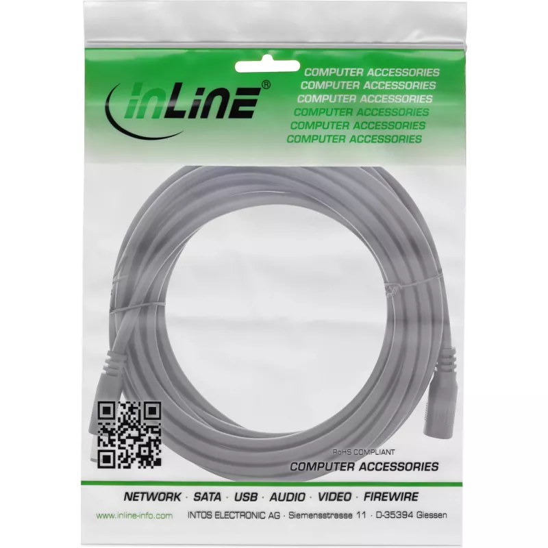 InLine DC extension cable, DC male/female 5.5x2.5mm, AWG 18, black 5m