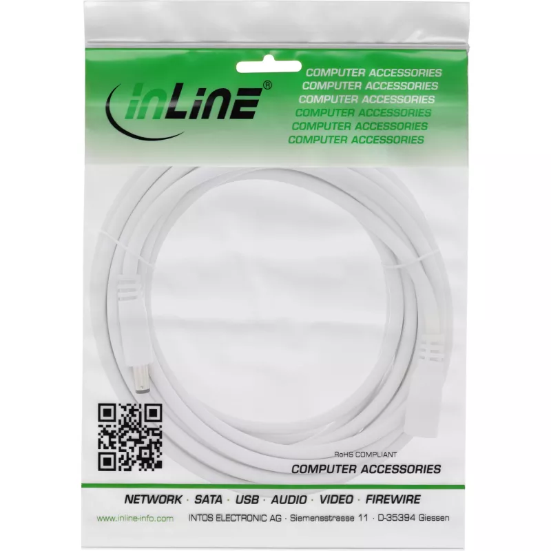 InLine DC extension cable, DC male/female 5.5x2.5mm, AWG 18, white 5m