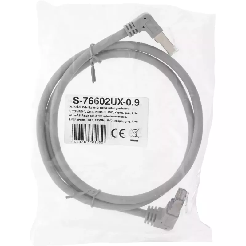InLine Patch cable two side down angled, S/FTP (PiMf), Cat.6, 250MHz, PVC, copper, grey, 1.1m