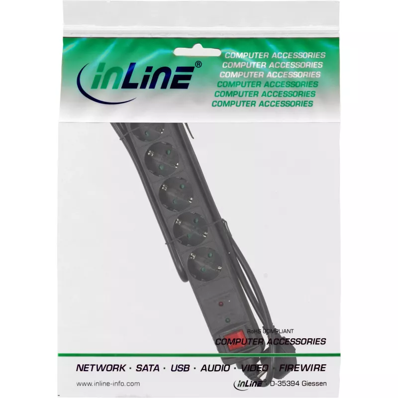 InLine Socket strip CEE 7/3, 6-way, overvoltage protection, switch, black