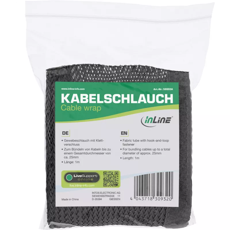 Cable conduit sleeve InLine 59993A — fabric hose with hook-and-loop fastener, 1 m × 25 mm, black
