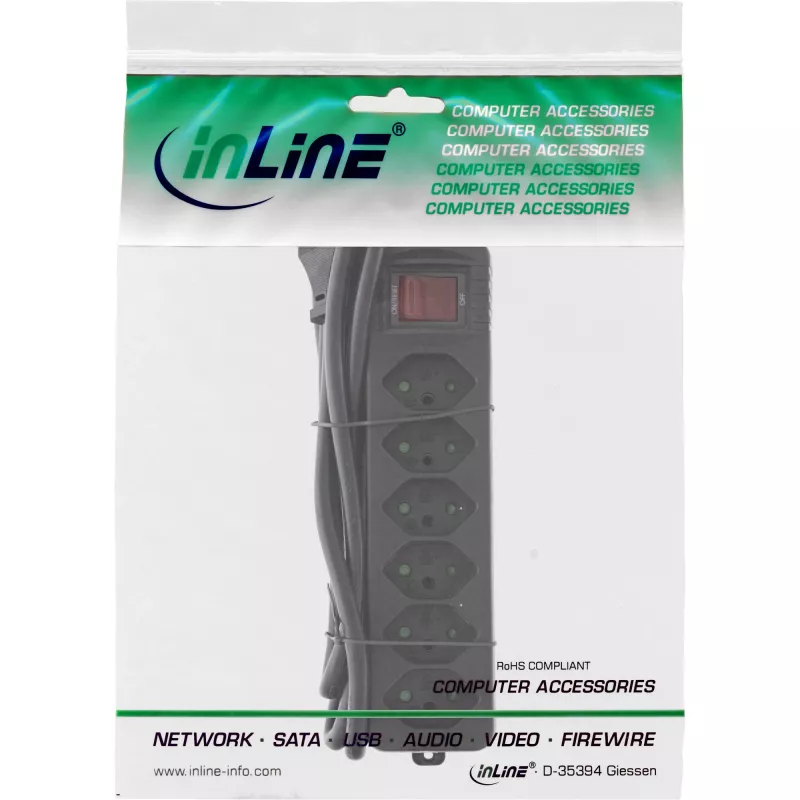InLine Power Strip 6 Port Swiss Type with power-switch black 1.5m