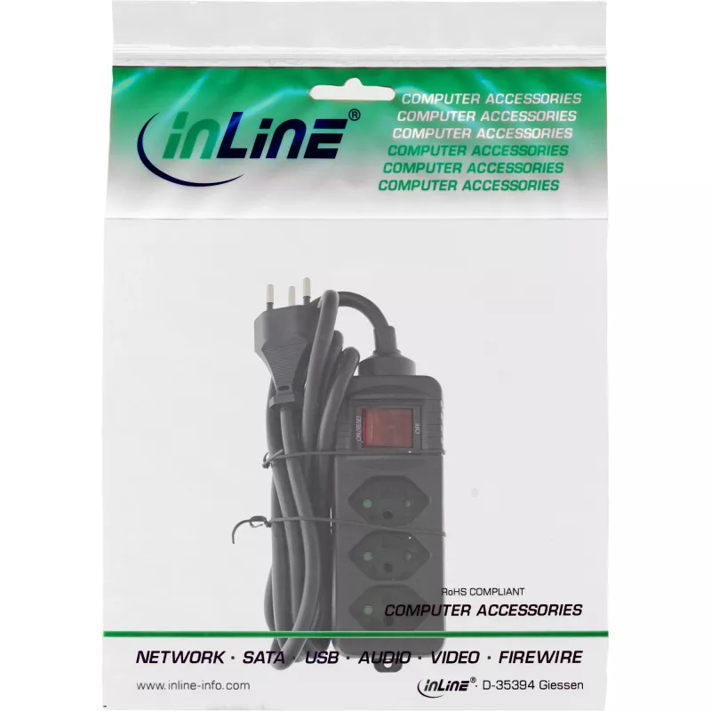 InLine Socket strip SWITZERLAND, 3-way, with switch, 1.5m, black