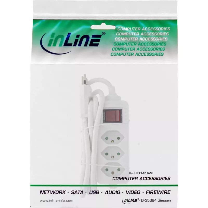 InLine Socket strip SWITZERLAND, 3-way, with switch, 1.5m, white
