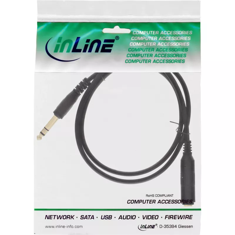 InLine Headphone extension cable 6.3mm Stereo M/F, gold plated, black, 5m