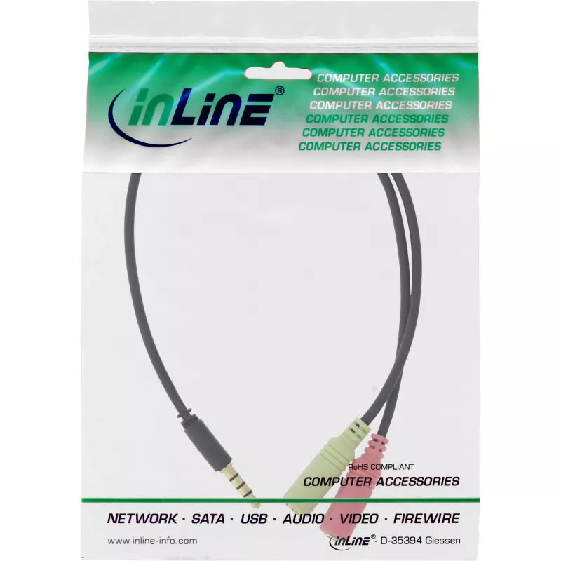 InLine Audio Headset Adapter Cable 3.5mm male 4 Pin / 2x 3.5mm, black, 2m