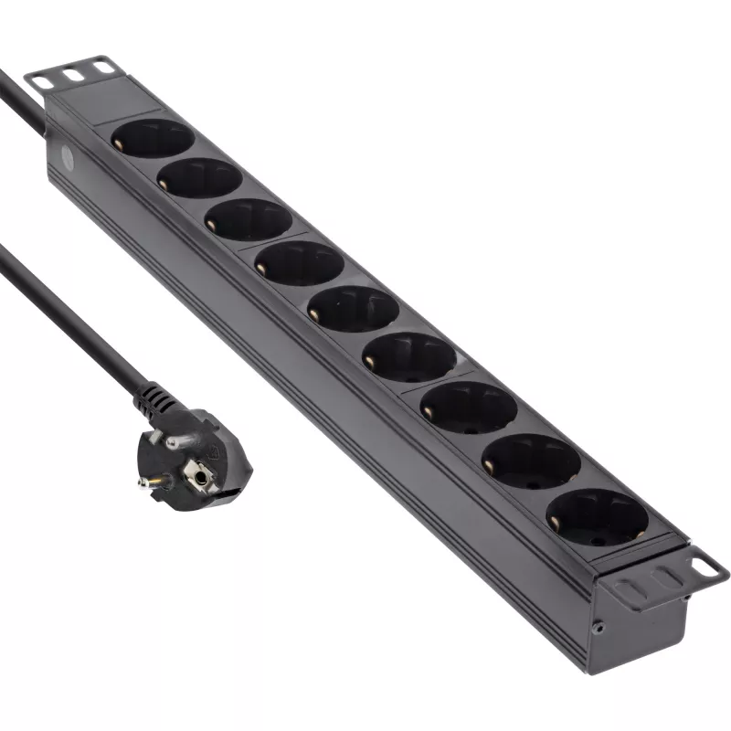 InLine 19 inch Socket strip, 9-way earthing contact, without switch, 2m, black