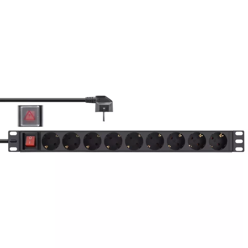 InLine 19 inch socket strip, 9-way earthing contact, with switch, 2m, black