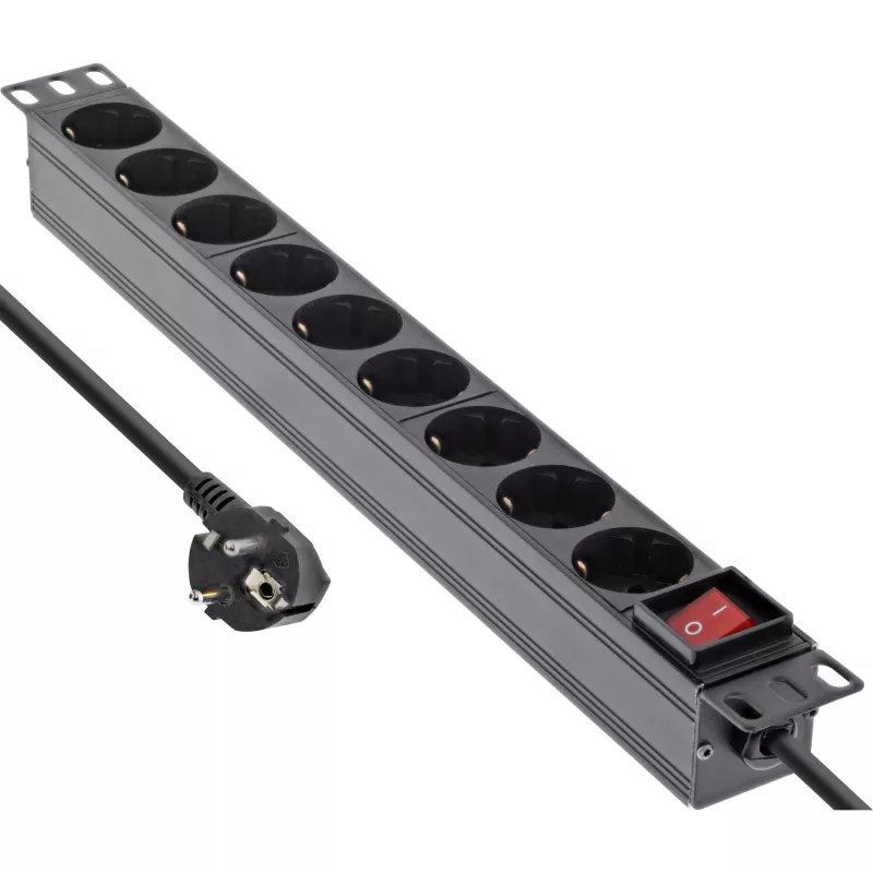 InLine 19 inch socket strip, 9-way earthing contact, with switch, 2m, black