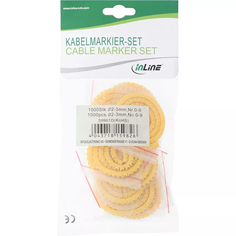Cable marker tubes InLine 2–3 mm, numeric 0–9, 1000 pcs, yellow