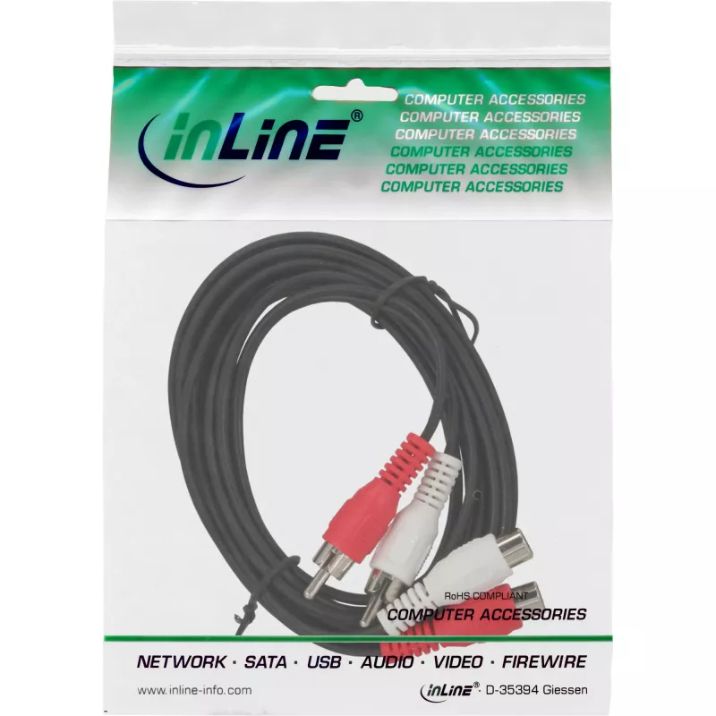 InLine Audio Cable 2x RCA male / female 5m, Male, 2 x RCA, Female, 5 m, Black