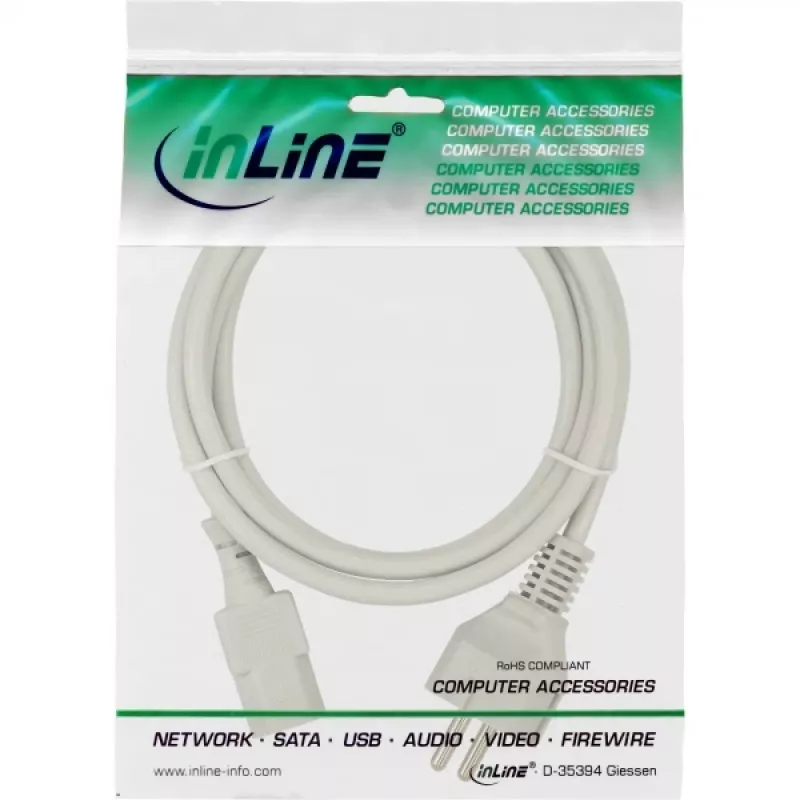 InLine power cable, CEE 7/7 straight / 3pin IEC C13 male, grey, 1.5m