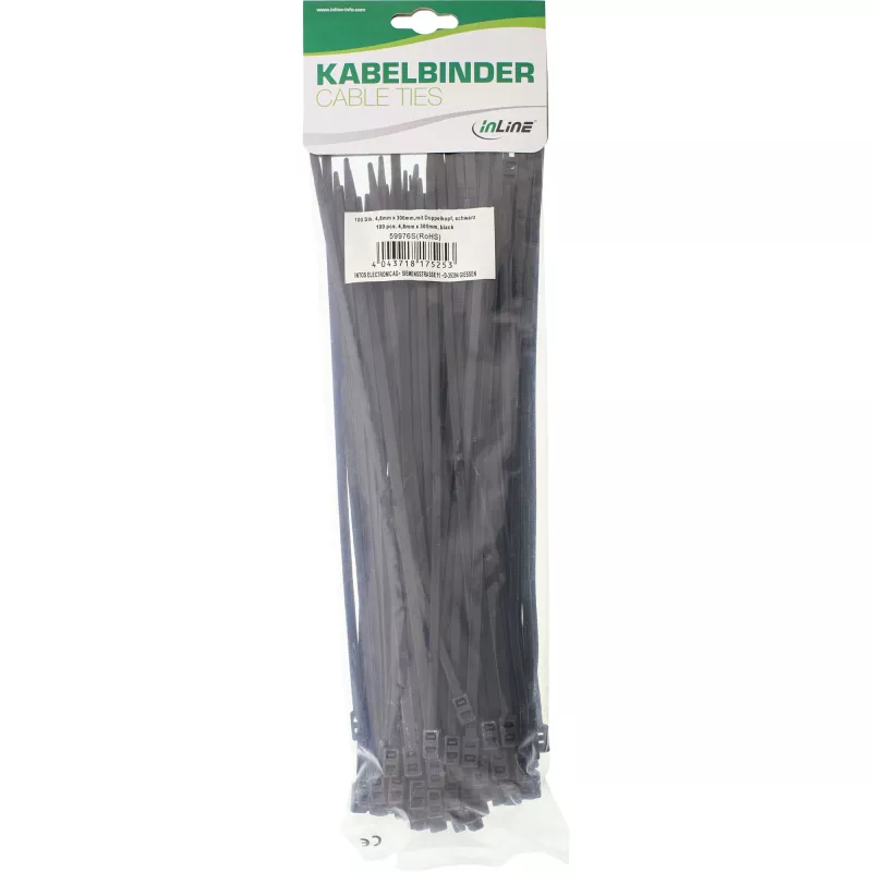 Cable ties InLine mountable double-head 300 mm x 4.8 mm, nylon, black, 100 pcs