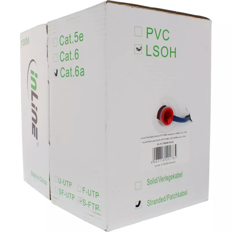 InLine Patch Cable S/FTP PiMF Cat.6A halogen free 500MHz blue 100m