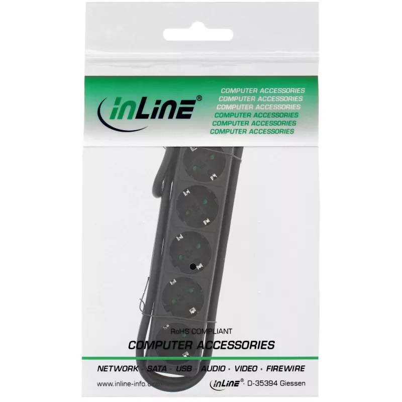 InLine Socket strip, 5-way earth contact CEE 7/3, black, 1.5m