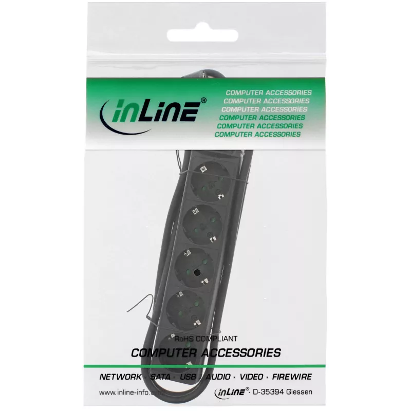 InLine Socket strip, 5-way earth contact CEE 7/3, black, 1.5m