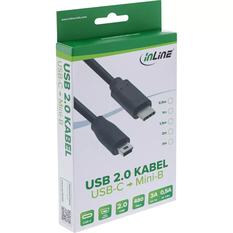 InLine USB 2.0 Cable, USB-C male / mini-B male (5pin), black, 1.5m